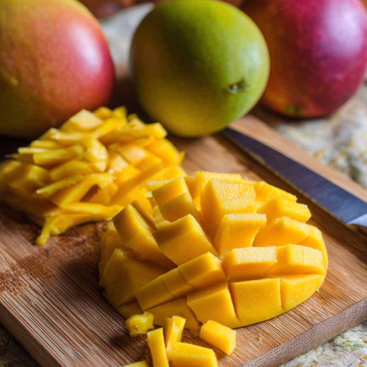 Fresh mango cut into cubes and thin strips on a wooden cutting board, with whole mangoes and a knife in the background.