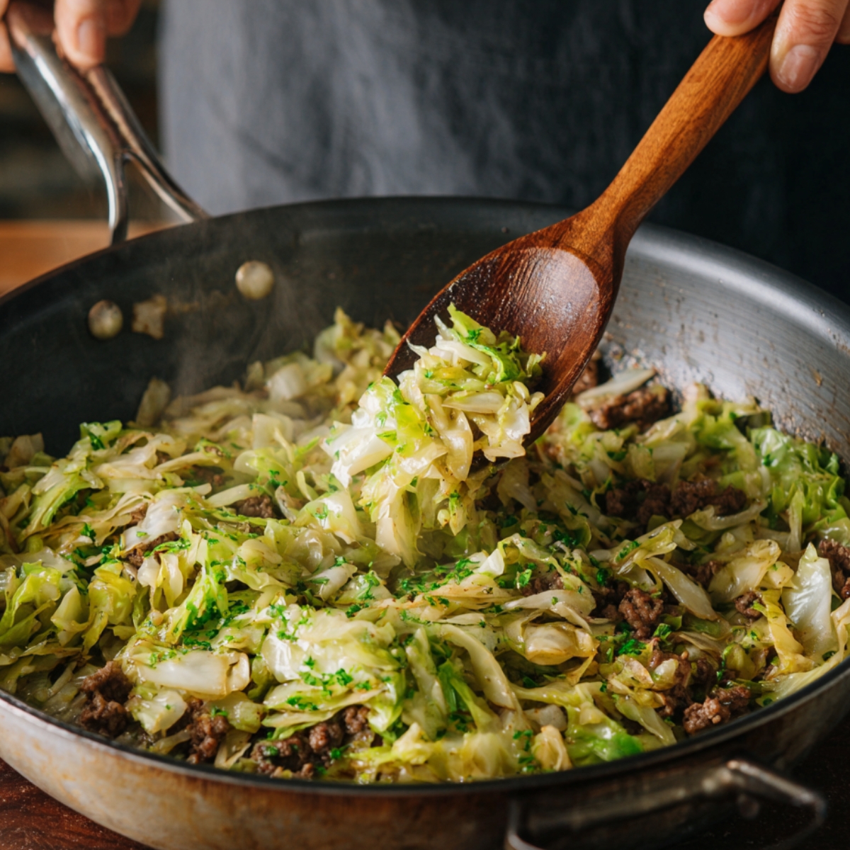 The Best Egg Roll In A Bowl Recipe 11 A large skillet filled with sautéed cabbage and ground meat, being stirred with a wooden spoon as the vegetables wilt and mix together.