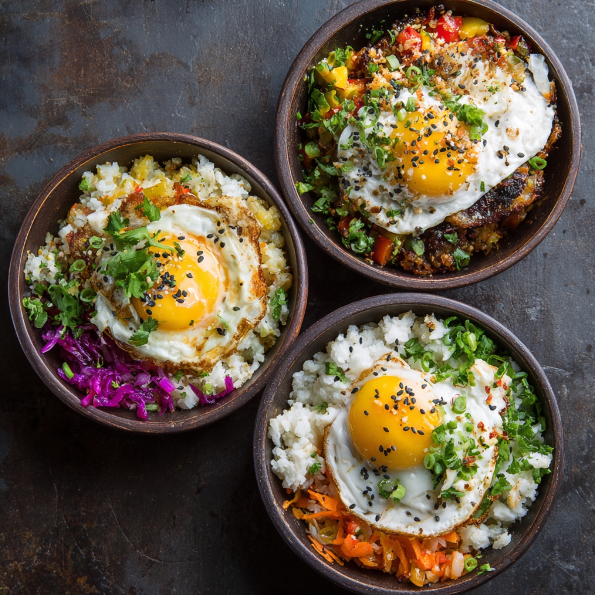 The Best Egg Roll In A Bowl Recipe 12 Three bowls filled with rice or cauliflower rice topped with stir-fried vegetables, ground meat, and a sunny-side-up egg, garnished with green onions and sesame seeds.