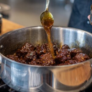 The Best Egg Roll In A Bowl Recipe 15 A cook spooning a thick, glossy sauce over browned pieces of meat in a stainless-steel pot on the stovetop, with a jar of sauce held in the other hand.