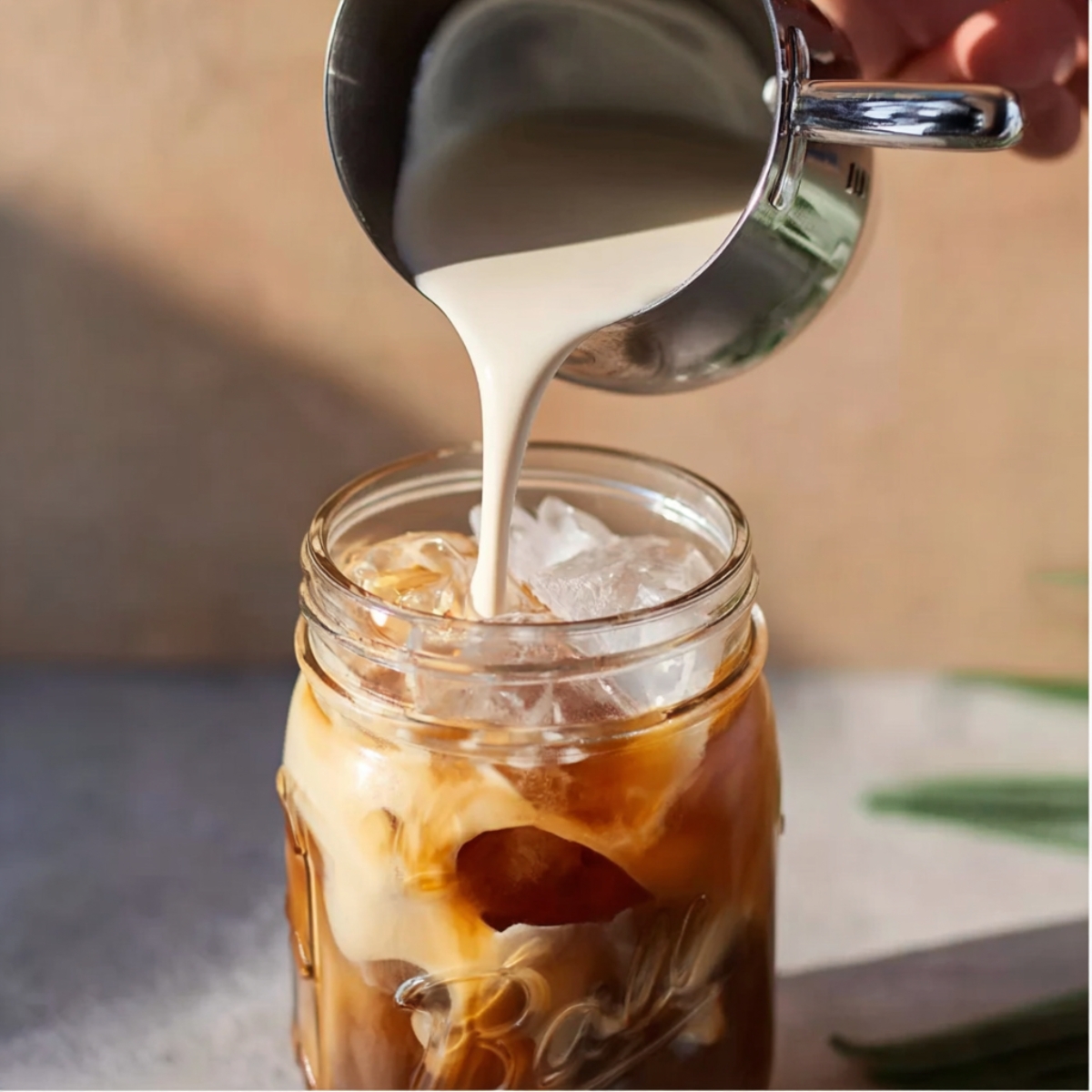 Easy Gingerbread White Russian Recipe - Holiday Cocktail 11 Creamy milk being poured from a measuring cup into a glass jar of iced coffee with ice cubes, bright natural light, cozy aesthetic, realistic beverage photography, high resolution, soft shadows, minimal background