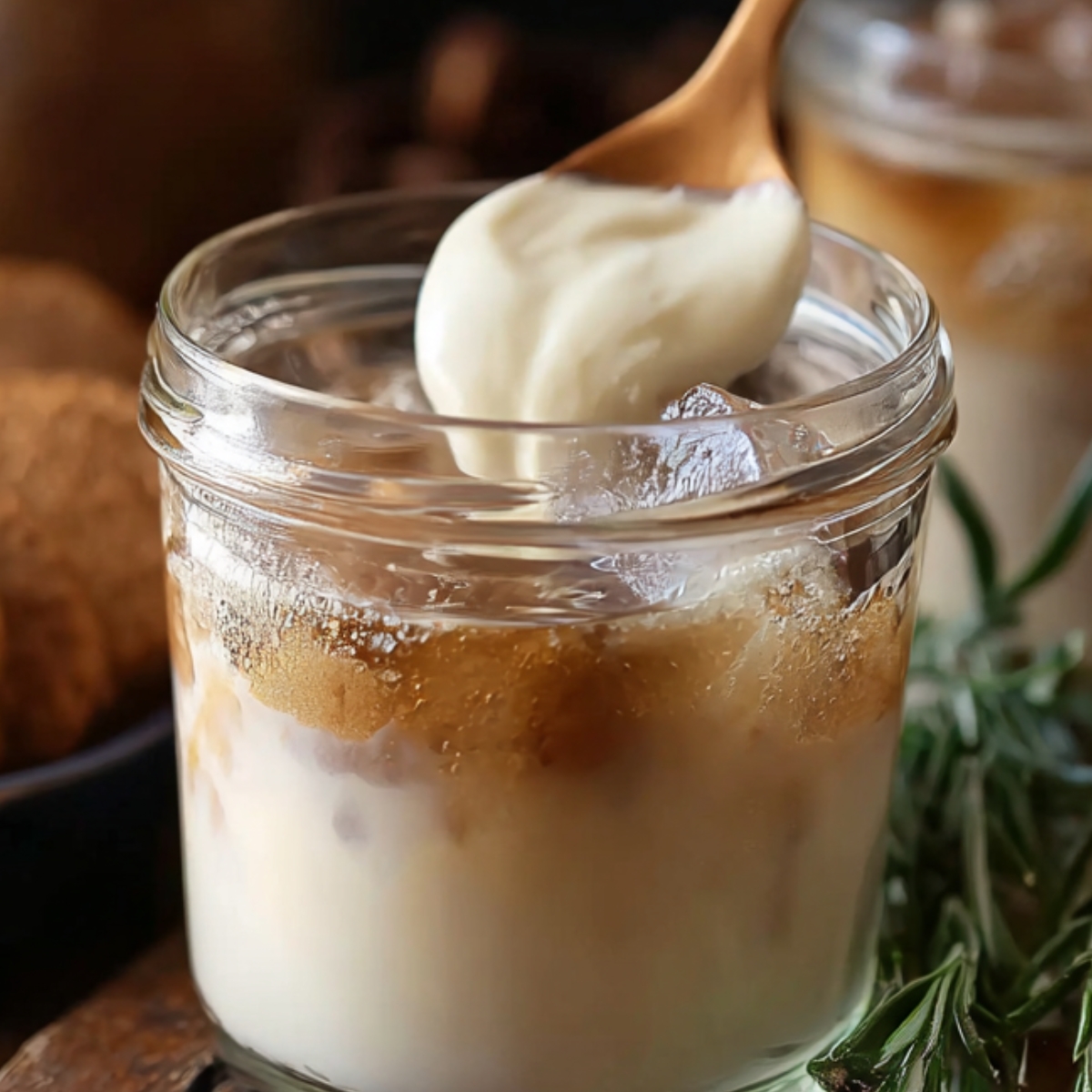 Easy Gingerbread White Russian Recipe - Holiday Cocktail 12 A cozy food photography shot of a gingerbread white Russian cocktail in a small glass jar, creamy layered drink with ice cubes, a wooden spoon stirring the top cream layer, warm holiday mood, gingerbread cookies in the background, rosemary garnish, soft natural light, shallow depth of field, rustic wooden surface, ultra realistic, high detail, professional food styling, 50mm lens