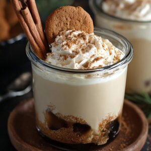 Easy Gingerbread White Russian Recipe - Holiday Cocktail 17 A festive gingerbread white Russian cocktail topped with whipped cream, a gingerbread cookie resting on top, cinnamon sticks garnish, creamy texture, holiday dessert drink, glass jar on wooden coaster, dark moody background, warm tones, cinematic lighting, ultra realistic food photography, high resolution, shallow depth of field