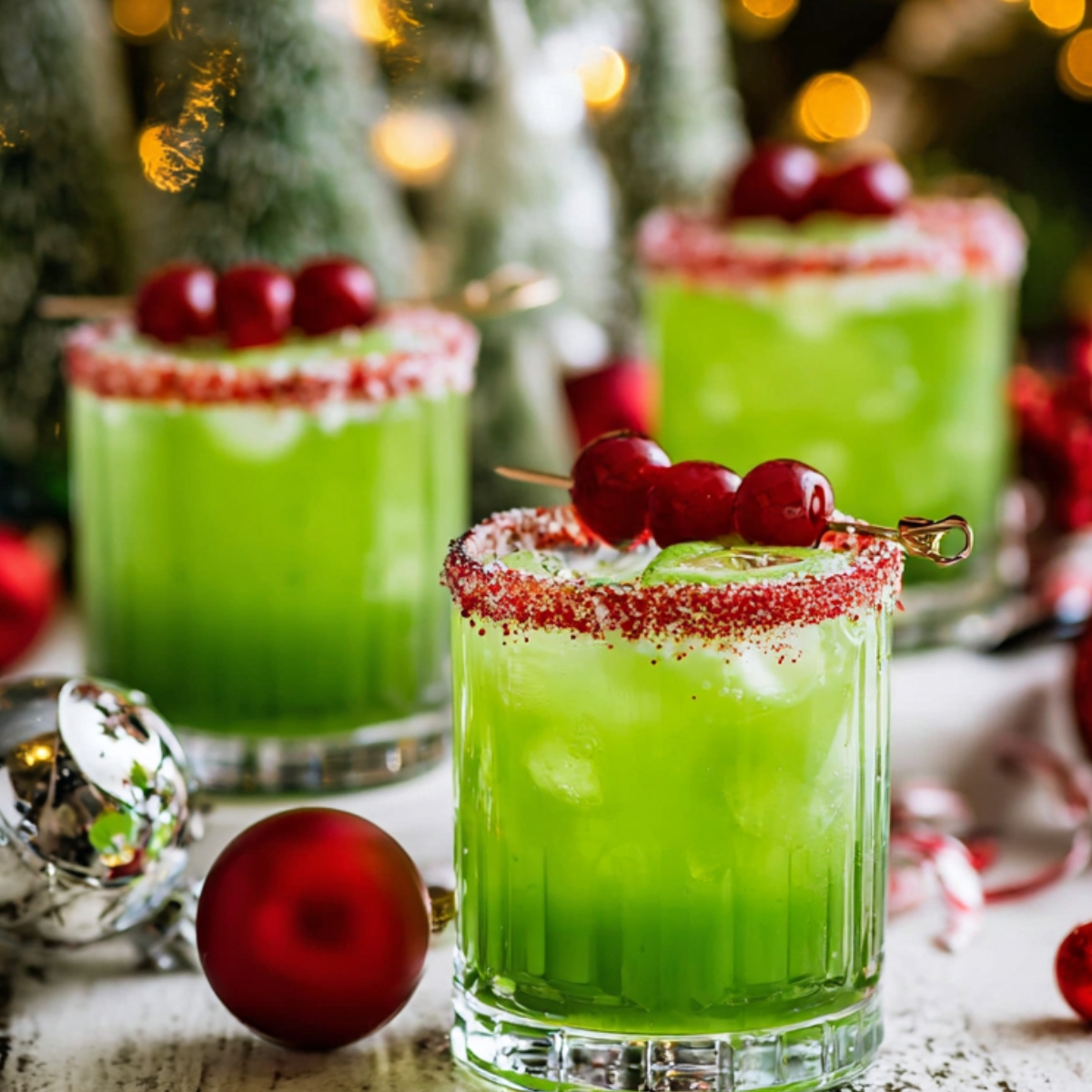 Grinch Cocktail Recipe - 5 Minutes, 6 Ingredients 12 Three bright green Christmas cocktails in short glasses with red sugar rims and cherry garnishes, displayed on a rustic white table with festive holiday decorations and warm glowing lights in the background.