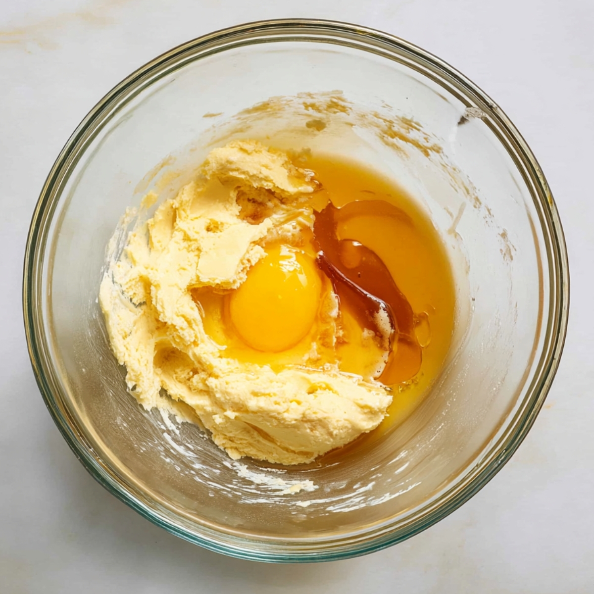 Easy Honey Cookies Recipe - Chewy, Spiced & Foolproof 11 A glass bowl containing softened butter, eggs, and vanilla extract for mixing into honey cookie dough.