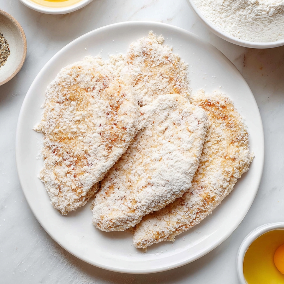Honey Hot Chicken Salad Recipe | Crispy & Spicy in 30 Min 11 Breaded chicken cutlets coated in flour on a white plate, surrounded by bowls of flour, eggs, and seasoning.