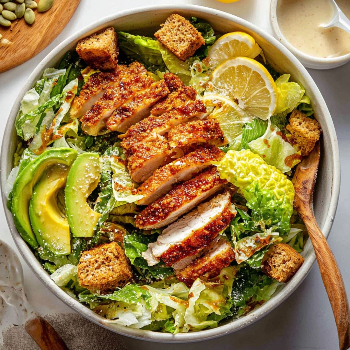 Honey Hot Chicken Salad Recipe | Crispy & Spicy in 30 Min 14 Finished hot honey chicken Caesar salad with sliced crispy chicken, romaine lettuce, croutons, avocado slices, pumpkin seeds, lemon wedges, and creamy dressing in a large bowl.