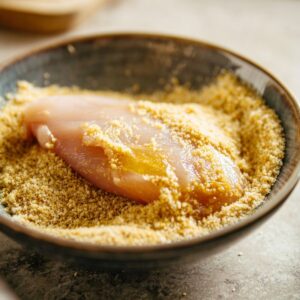 Healthy Hot Honey Chicken Recipe In 30 Minutes 18 Raw chicken breast placed in a bowl of seasoned breadcrumbs, partially coated and ready for dredging.
