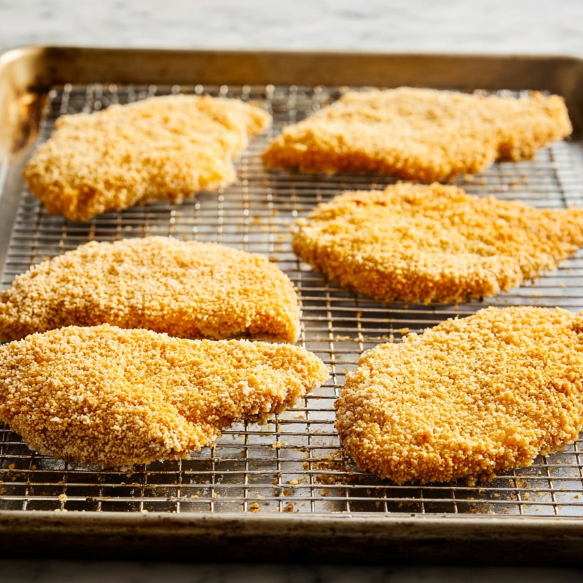Healthy Hot Honey Chicken Recipe In 30 Minutes 13 Breaded chicken cutlets arranged on a wire rack over a baking sheet, showing even coating and ready for baking.