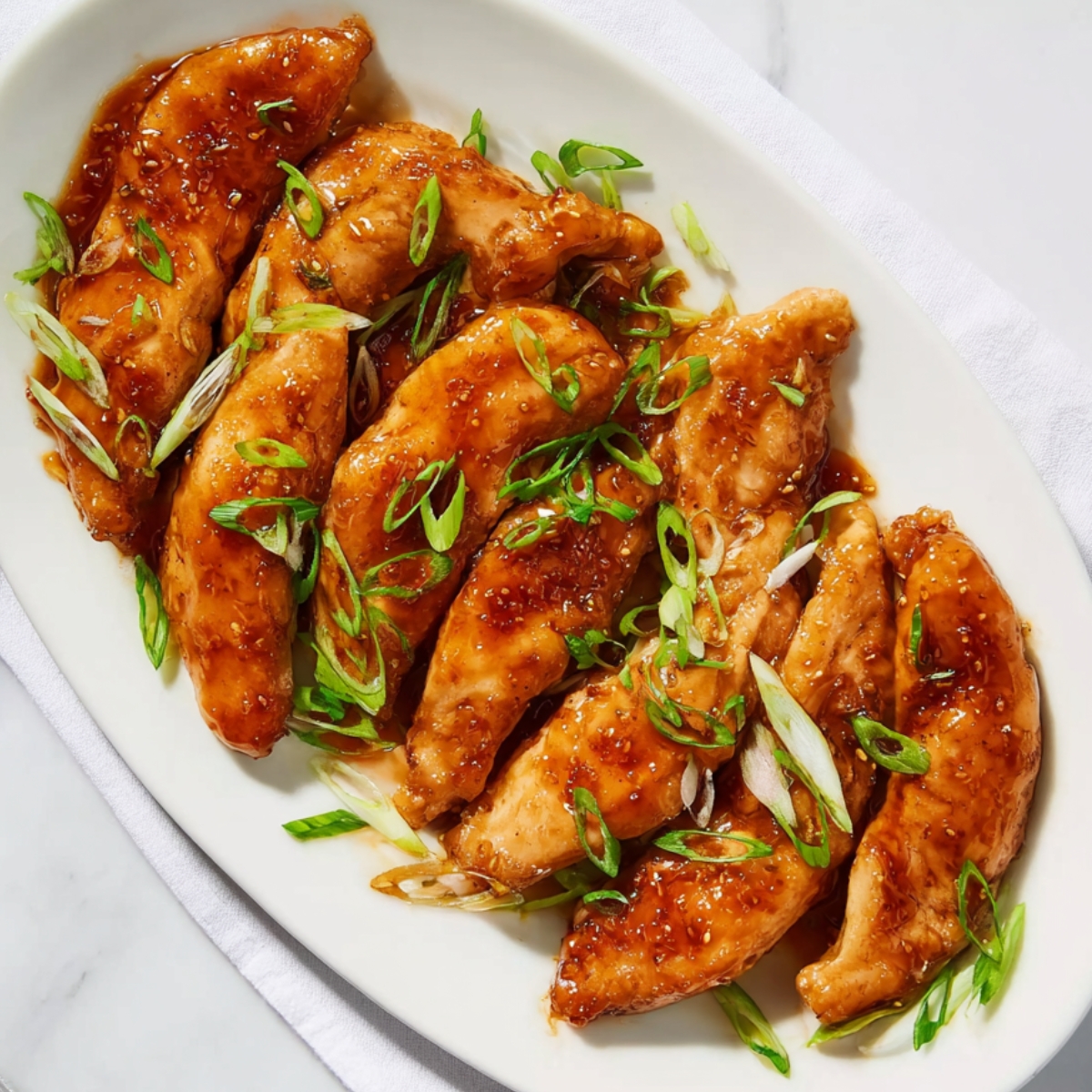 Healthy Hot Honey Chicken Recipe In 30 Minutes 14 Hot honey–glazed chicken tenders arranged on a white oval platter, garnished with sliced green onions and photographed on a marble surface.