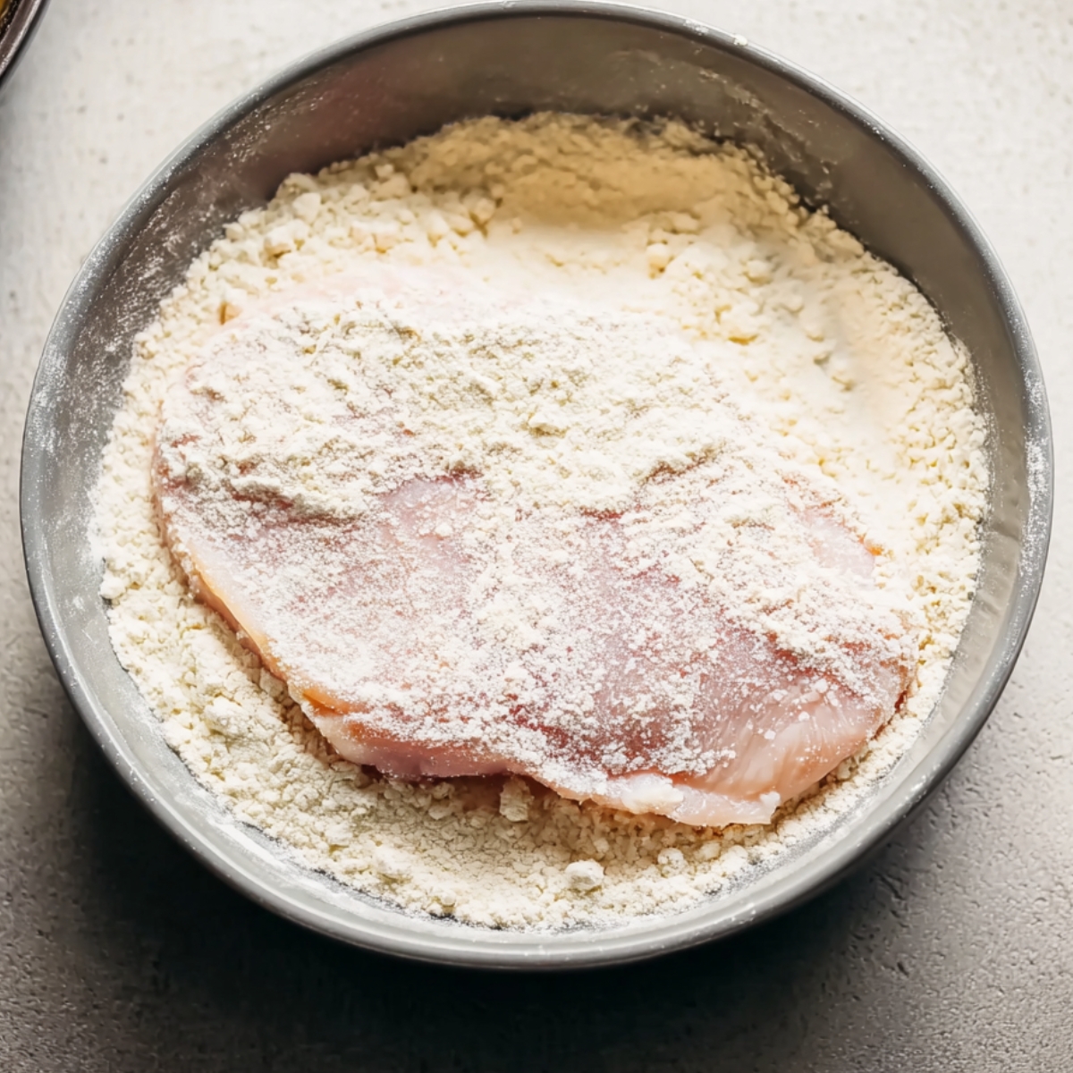 Healthy Hot Honey Chicken Recipe In 30 Minutes 10 Raw chicken breast resting in a bowl of beaten eggs, with bubbles and glossy texture visible on the surface.