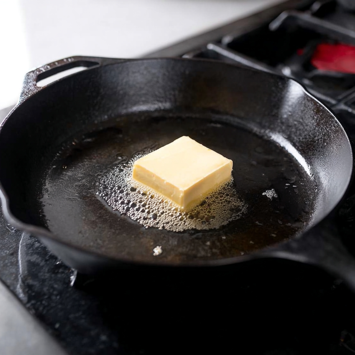The Best Irish Potato Pancakes Recipe 11 "A square of butter melting in a cast iron skillet, preparing for cooking boxty pancakes. The sizzling butter adds rich flavor to the dish."