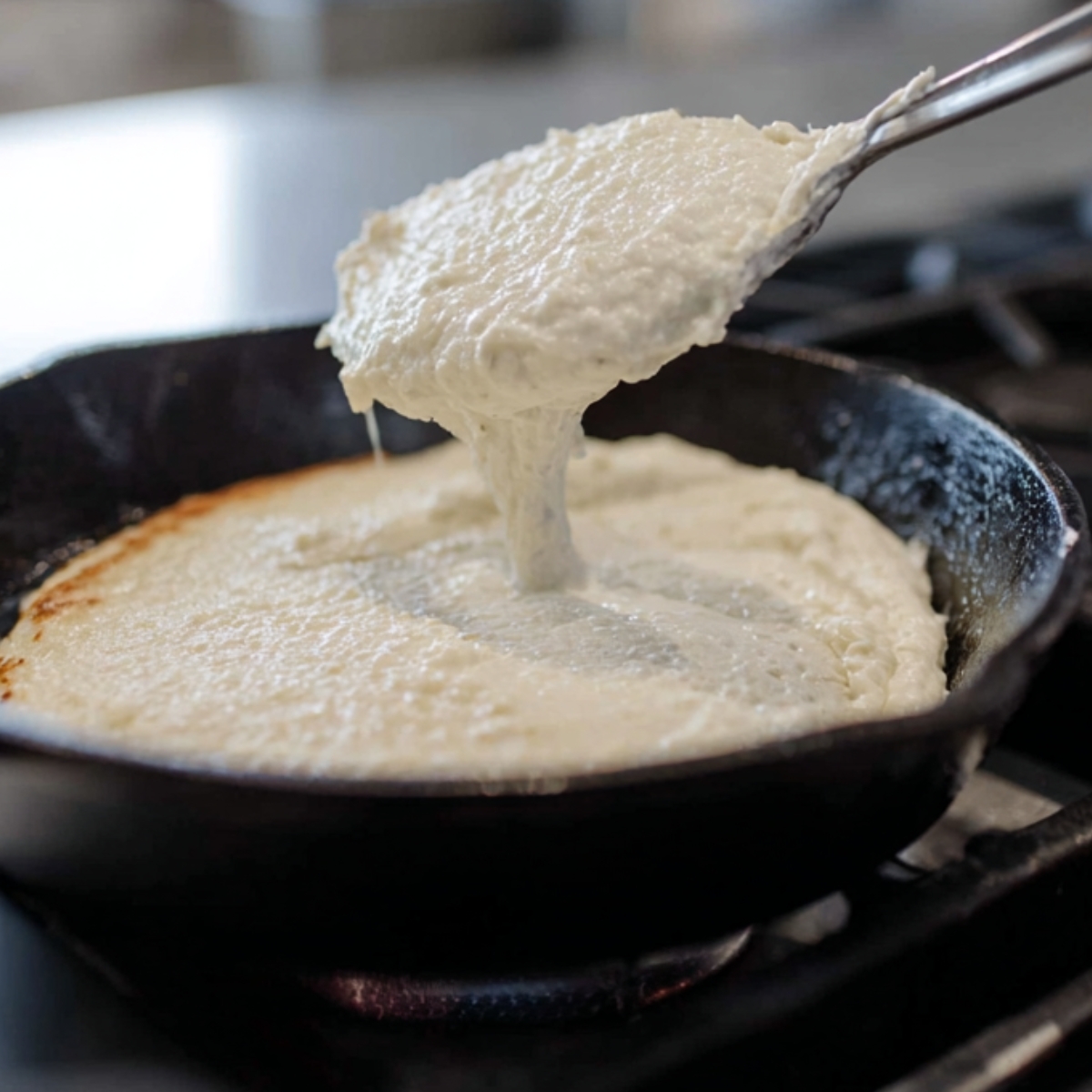 The Best Irish Potato Pancakes Recipe 12 "A spoonful of boxty pancake batter being placed into a hot cast iron skillet, ready to be spread into a pancake."