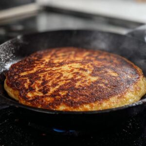The Best Irish Potato Pancakes Recipe 19 "A large boxty pancake cooking in a cast iron skillet with a golden-brown crust. The pancake is thick and forming its signature texture."