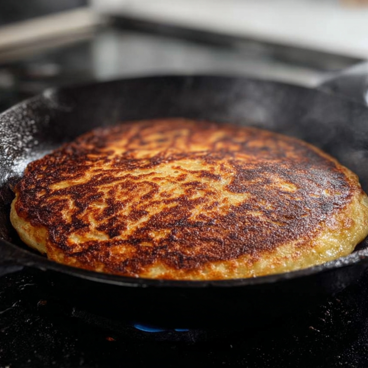 The Best Irish Potato Pancakes Recipe 13 "A large boxty pancake cooking in a cast iron skillet with a golden-brown crust. The pancake is thick and forming its signature texture."
