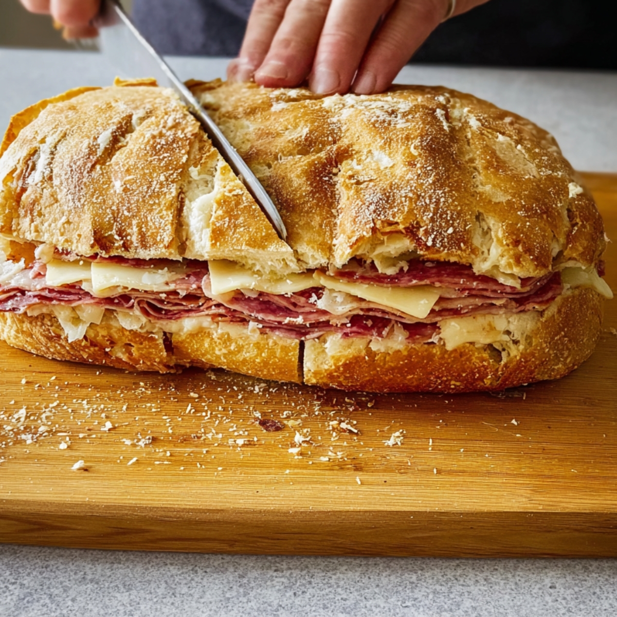 Easy Italian Muffuletta Sandwich | Ready in 15 Minutes 7 A large muffaletta sandwich on a wooden cutting board being sliced with a knife, showing layers of cured meats and cheese inside crusty bread.