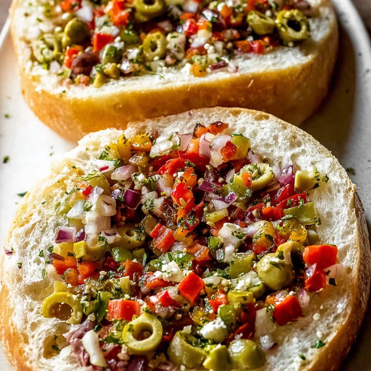 Easy Italian Muffuletta Sandwich | Ready in 15 Minutes 6 Close-up of olive salad spread over sliced bread, made with chopped green olives, red peppers, onions, herbs, and olive oil.