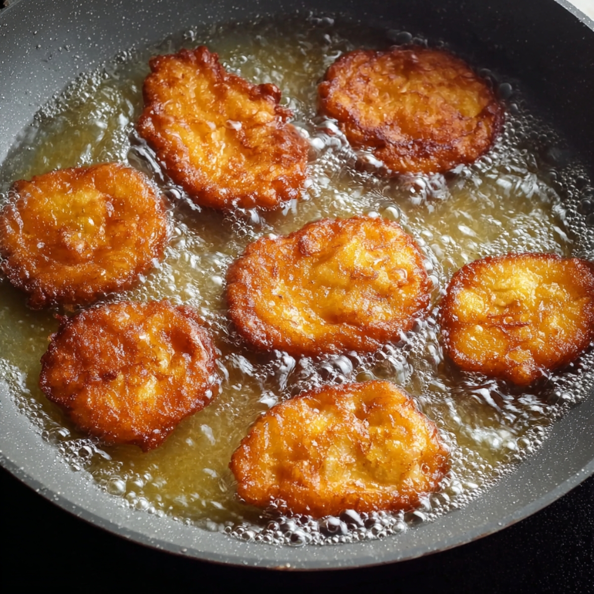 Easy Jamaican Banana Fritters Recipe | Ready in 15 Min 12 Jamaican banana fritters frying in a pan filled with hot oil. The fritters are bubbling in the oil and have turned a golden brown color