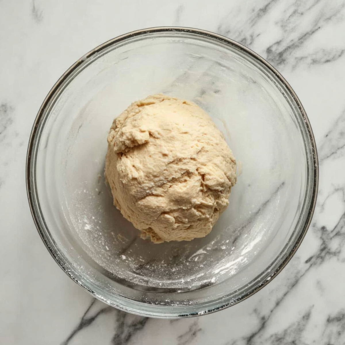 Easy Jamaican Chicken Soup with Dumplings | One-Pot Recipe 11 Freshly mixed dough shaped into a ball resting in a clear glass bowl on a marble countertop, viewed from above.