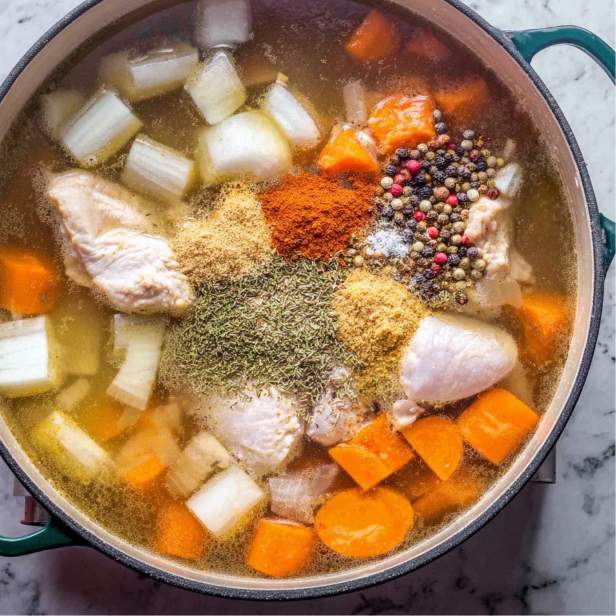 Easy Jamaican Chicken Soup with Dumplings | One-Pot Recipe 12 Large pot filled with clear broth, raw chicken pieces, chopped carrots and onions, whole peppercorns, and mixed spices before cooking.