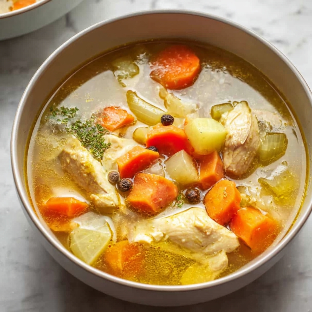Easy Jamaican Chicken Soup with Dumplings | One-Pot Recipe 13 Bowl of hearty chicken soup with carrots, potatoes, onions, whole peppercorns, and seasoned broth served warm.