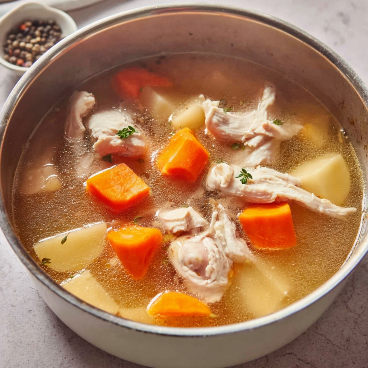 Easy Jamaican Chicken Soup with Dumplings | One-Pot Recipe 10 Homemade chicken soup with tender chicken pieces, carrots, potatoes, and herbs in a light golden broth.