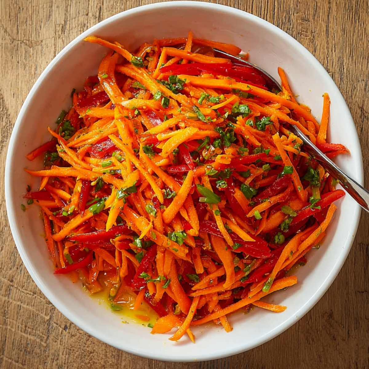 Easy Korean Carrot Salad Recipe 12 Top view of Korean carrot salad with marinated carrots and bell peppers tossed in sesame dressing