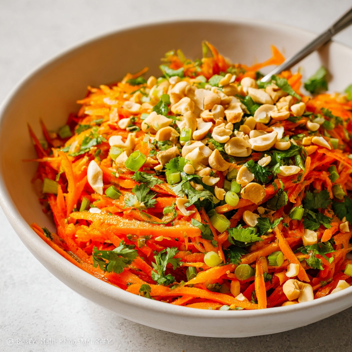Easy Korean Carrot Salad Recipe 13 Korean carrot salad with julienned carrots, bell peppers, cilantro, green onions, and chopped cashews in a white bowl