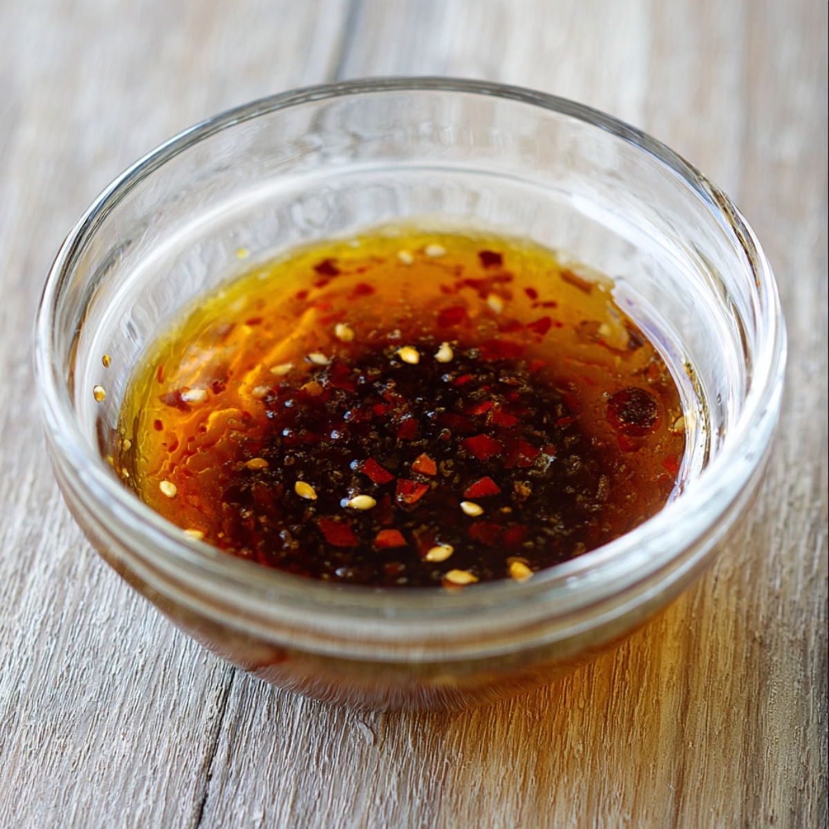 Easy Korean Carrot Salad Recipe 10 Spicy sesame soy dressing with red pepper flakes for Korean carrot salad in a glass bowl