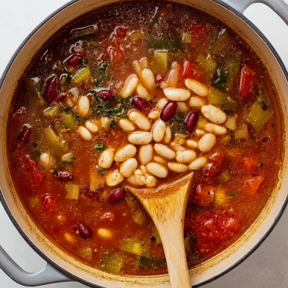 Easy Minestrone Soup Recipe | Better Than Restaurant 13 White beans added to a pot of tomato-based minestrone soup with chopped vegetables and herbs.