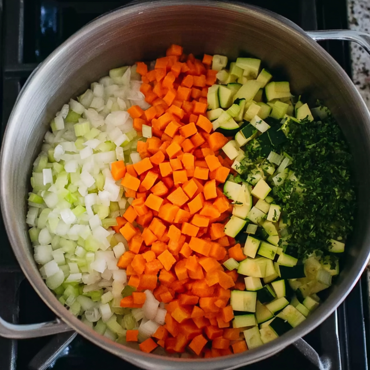 Easy Minestrone Soup Recipe | Better Than Restaurant 10 Pot filled with chopped onions, carrots, zucchini, celery, and fresh herbs ready to cook for minestrone soup.