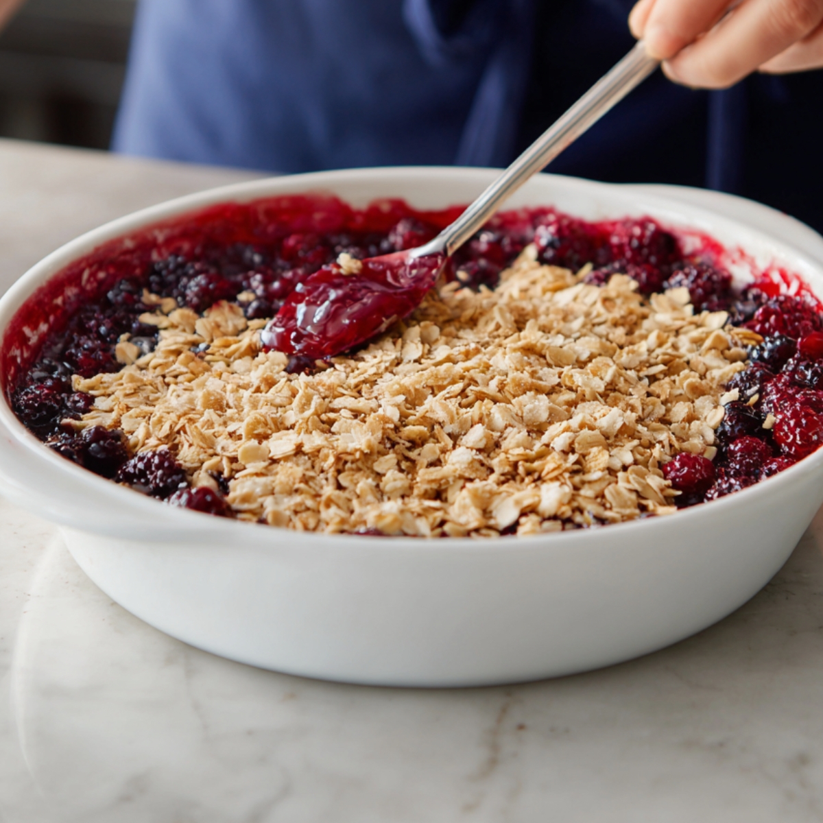 Person spreading oat crumble topping over a dish of mixed berry filling in a white baking dish, preparing a berry crisp.