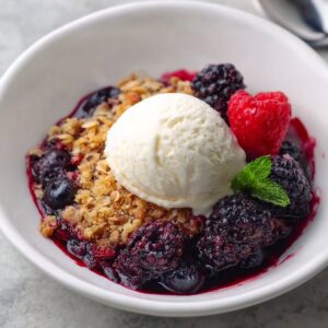Warm mixed berry crisp in a small dish topped with vanilla ice cream, showing bubbling berries, golden oat crumble, and a spoon on the side.