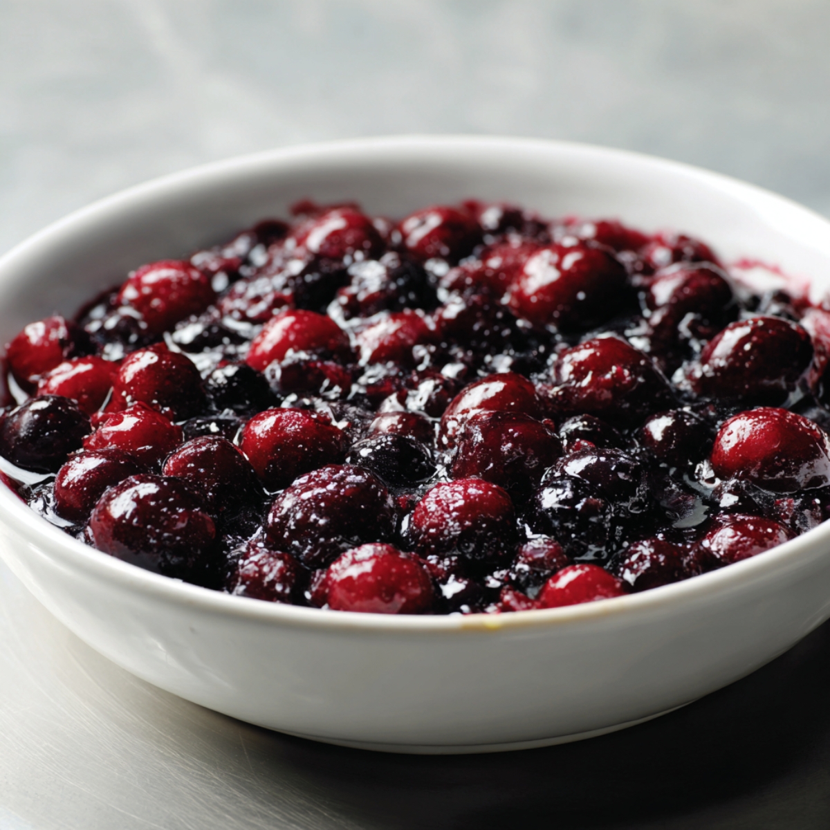 Close-up of a white bowl filled with mixed berries coated in sugar and juice, creating a glossy, vibrant berry filling.