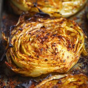 Easy Homemad Roasted Cabbage Steaks Recipe 17 Close-up of a roasted cabbage steak with deeply caramelized, crispy edges and a spiral layered texture, seasoned with paprika and spices, on a rustic baking sheet. Warm, high-detail food photography.