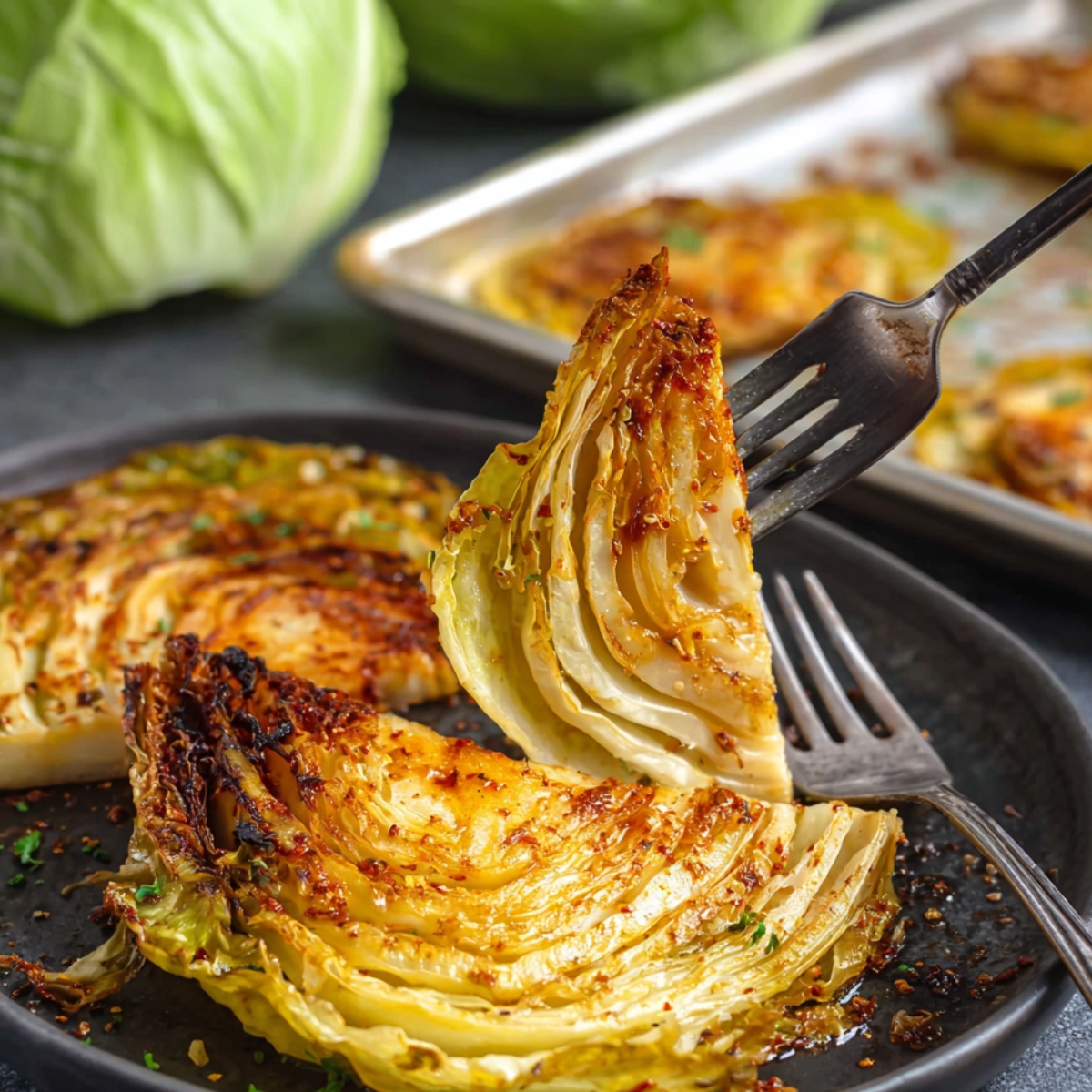 Easy Homemad Roasted Cabbage Steaks Recipe 13 Plated roasted cabbage wedges with crispy golden edges, seasoned with spices, being lifted by a fork. Baking tray with more roasted cabbage in the background, restaurant-style food photography.