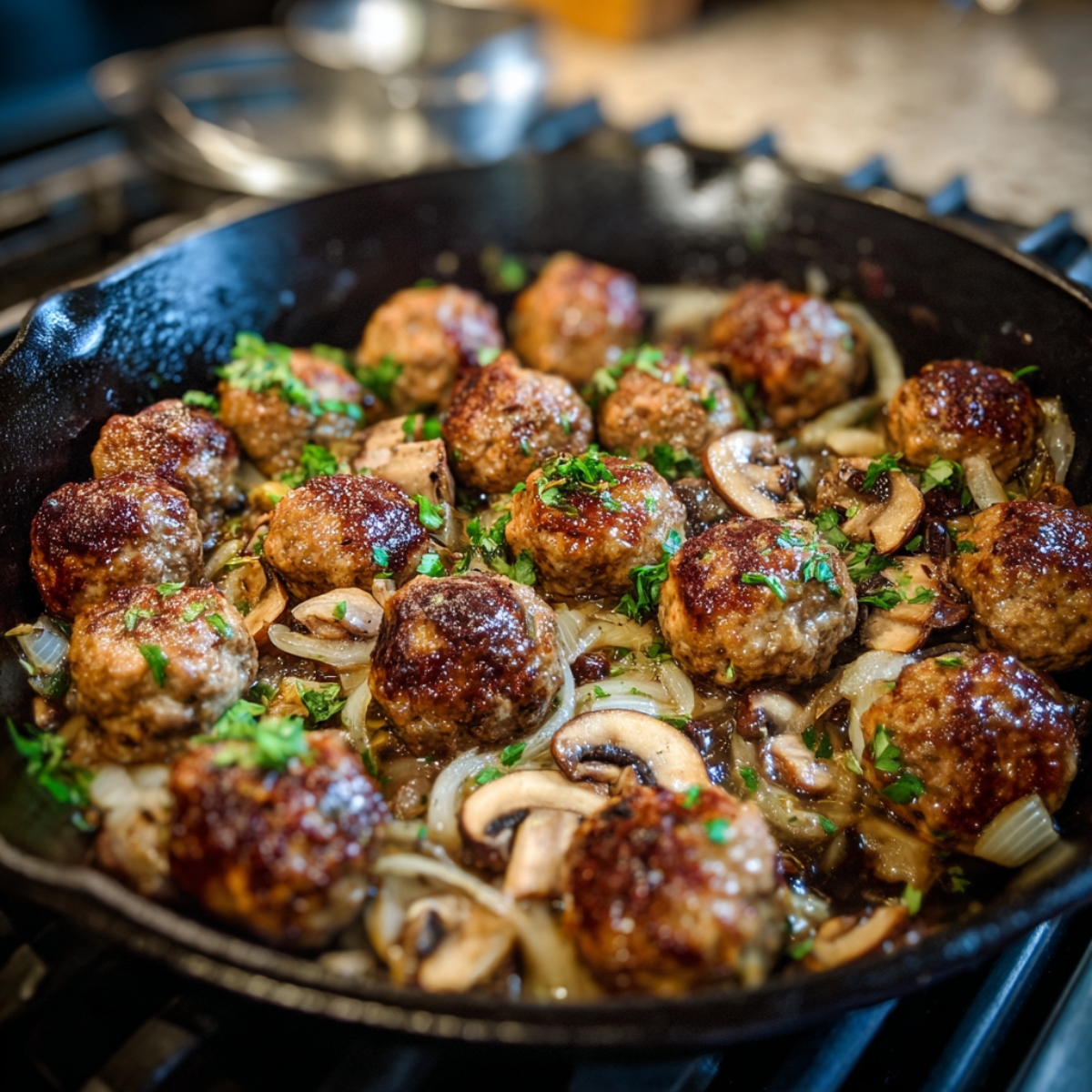 Browned meatballs simmering in a cast-iron skillet with sliced onions, mushrooms, and fresh parsley sprinkled on top.