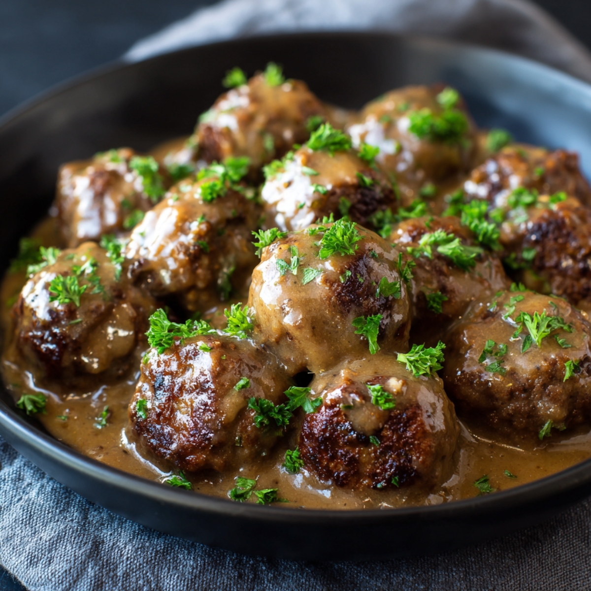 Golden-browned meatballs coated in rich mushroom gravy, garnished with chopped parsley and served in a shallow bowl.