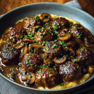 Golden-browned meatballs coated in rich mushroom gravy, garnished with chopped parsley and served in a shallow bowl.