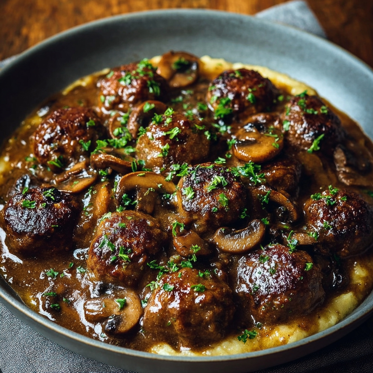 Golden-browned meatballs coated in rich mushroom gravy, garnished with chopped parsley and served in a shallow bowl.