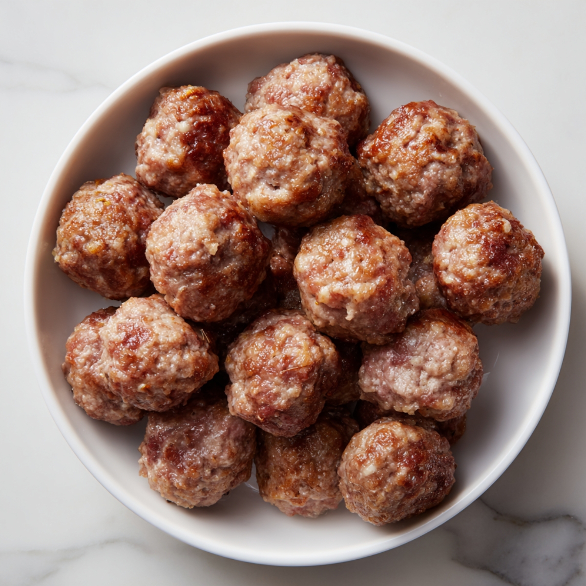 A white bowl filled with plain cooked meatballs, lightly browned and piled together on a marble surface.