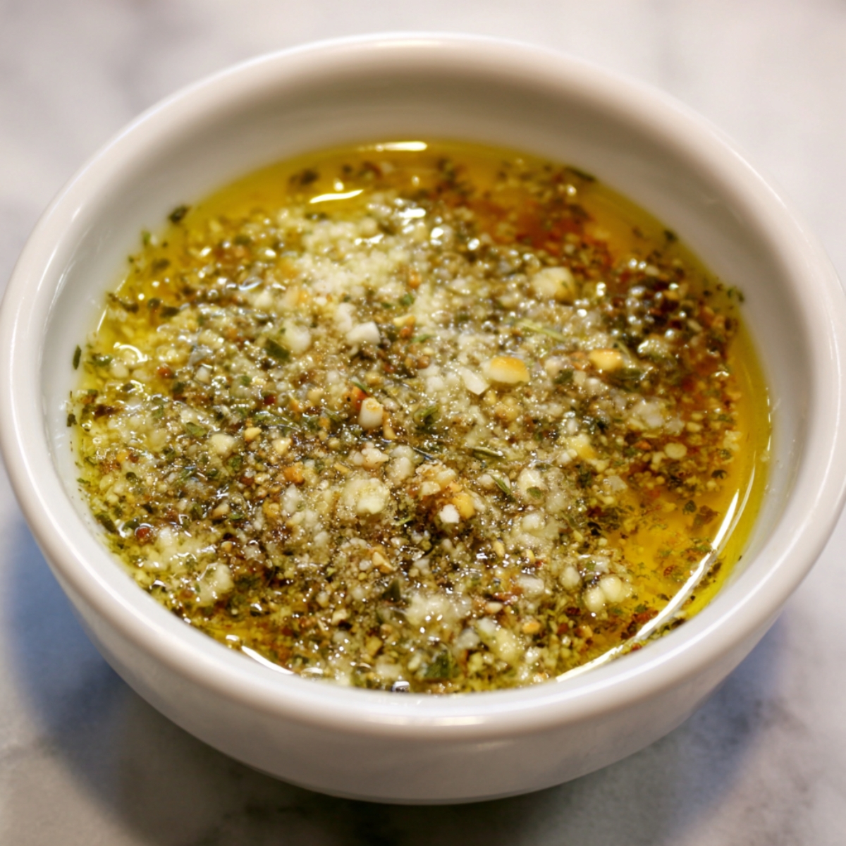A close-up of a small bowl filled with melted butter mixed with minced garlic and Italian herbs, the oil forming a golden surface while the garlic pieces are visible.
