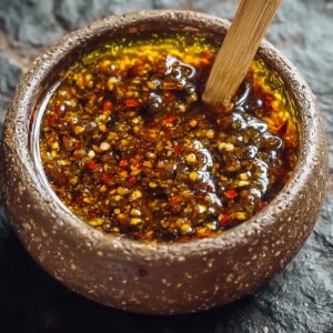 A small, rustic bowl filled with spicy salsa macha, an oil-based chili sauce, rich with red chili flakes, seeds, and seasoning, with a wooden stirring stick gently resting inside.