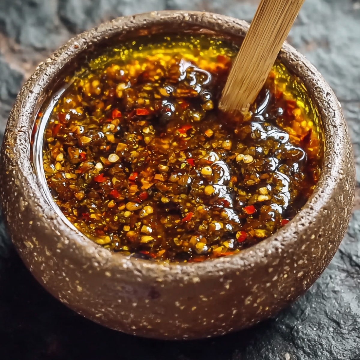 A small, rustic bowl filled with spicy salsa macha, an oil-based chili sauce, rich with red chili flakes, seeds, and seasoning, with a wooden stirring stick gently resting inside.