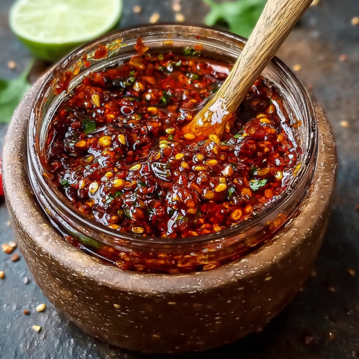A small, rustic bowl filled with spicy salsa macha, an oil-based chili sauce, rich with red chili flakes, seeds, and seasoning, with a wooden stirring stick gently resting inside.