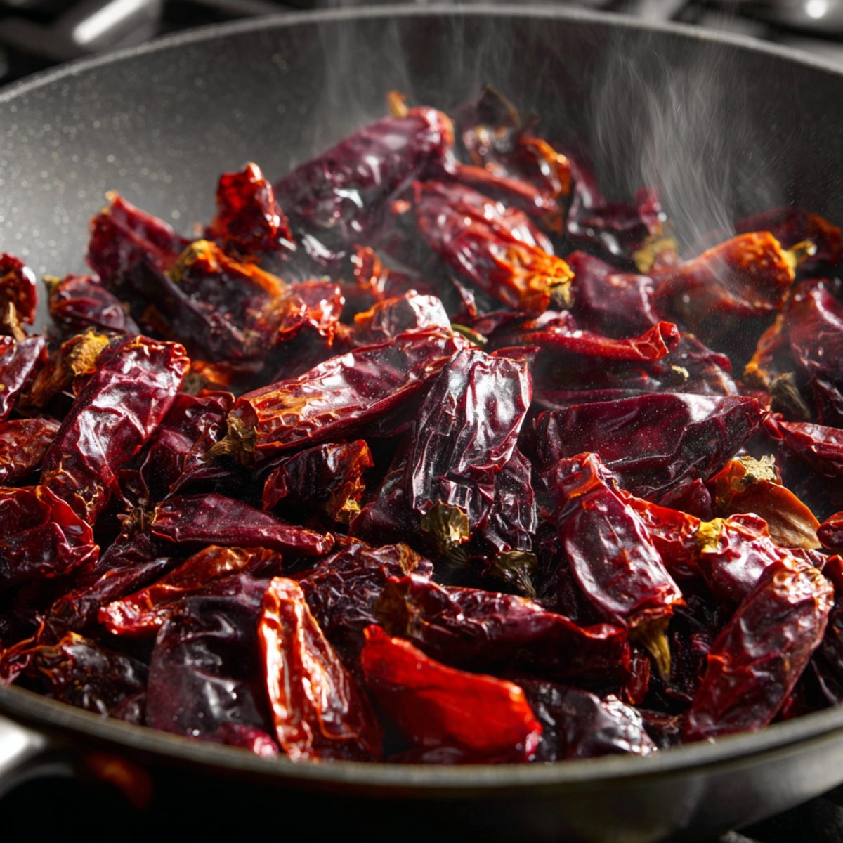 A close-up shot of dried árbol chiles, their deep red color and wrinkled texture evident as they rest in a dark pan. The chiles are partially roasted, releasing a smoky aroma.