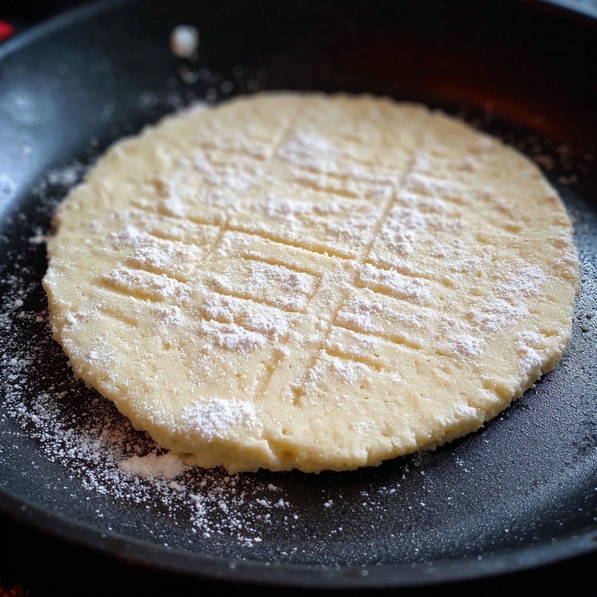 The Best Scottish Tattie Scones Recipe (Just 3 Ingredients!) 12 Scottish tattie scone dough flattened into a round shape in a frying pan. The dough is lightly dusted with flour and ready to be cooked to a golden perfection