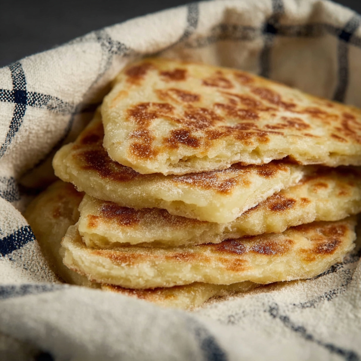 The Best Scottish Tattie Scones Recipe (Just 3 Ingredients!) 14 A close-up of several golden-brown Scottish tattie scones stacked inside a cloth, showing their crispy and soft texture. The scones are lightly dusted with flour.