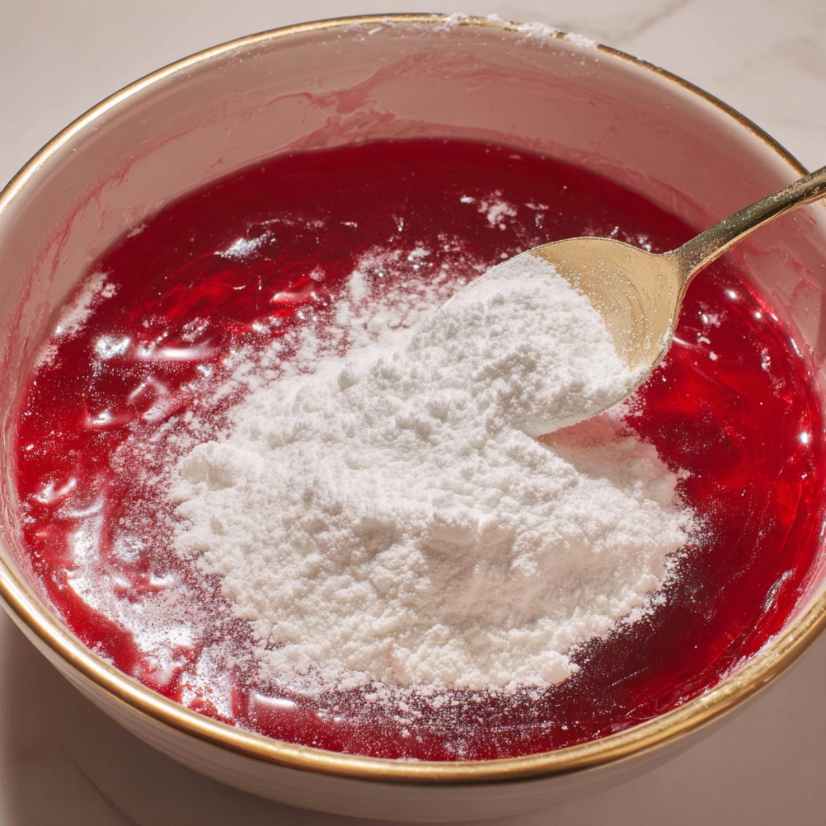 A close-up of a mixing bowl filled with red gelatin, with a spoonful of powdered sugar being added to the mixture. The bowl is filled with the gelatin mixture, and the spoon is lifting a heap of sugar to blend into the red liquid.