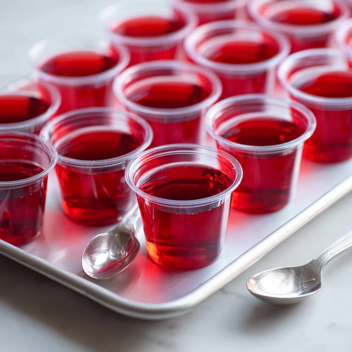 A tray filled with clear plastic cups of vibrant red jello shots, neatly arranged in rows. The jello is a deep red color, and the cups are placed on a shiny, silver tray. Two spoons are resting beside the cups, ready for serving.